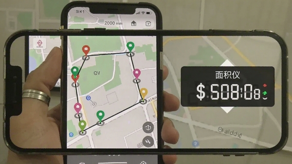 测亩仪+定点框选模式操作示意图,手机屏幕显示地图上多个标记点连线形成封闭图形,旁边有面积数值显示