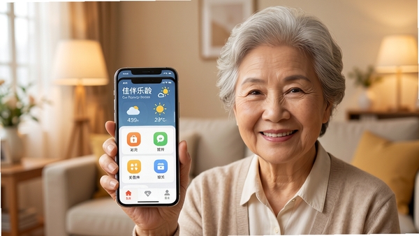 佳伴乐龄主界面预览图,画面中央一位银发老人微笑着手持智能手机,屏幕上显示清晰放大的功能图标和日期天气,背景是温馨的客厅,暖色调光线,整体风格亲切明亮,突出适老化设计细节,UI界面元素完整可见