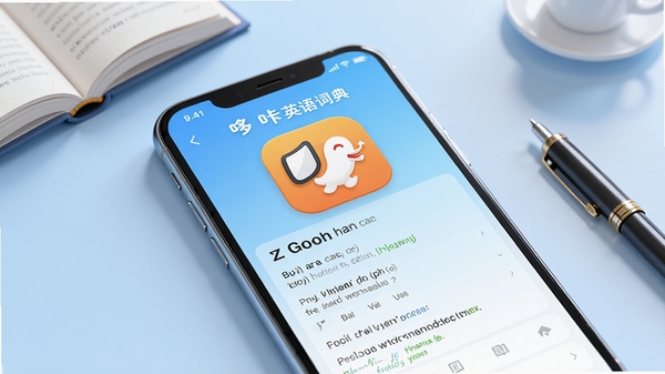 在明亮简洁的手机界面上,哆咔英语词典应用处于屏幕中央,界面显示单词查询结果,包含单词拼写、音标、释义和例句,背景为浅蓝色渐变,整体风格干净现代,高清渲染,应用图标醒目,周围有书本和笔的装饰元素,光线柔和,细节丰富。