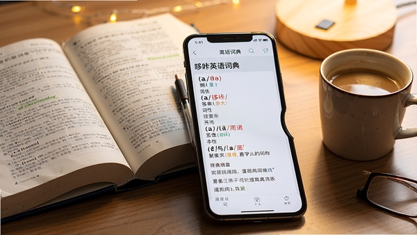 展示哆咔英语词典离线词库的界面截图风格图片,画面中一部智能手机显示单词解释详情,包括音标、词性、多个中文释义和例句,手机旁边摆放着打开的纸质词典和咖啡杯,背景是暖色调的书桌,风格写实,光线自然,突出软件的学习氛围。