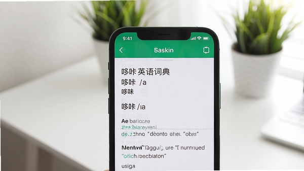 一张智能手机屏幕特写,屏幕中显示哆咔英语词典的查询结果界面,包含单词、音标、例句,背景是干净的书桌和绿植,光线明亮柔和,整体风格写实清晰,突出软件界面内容。