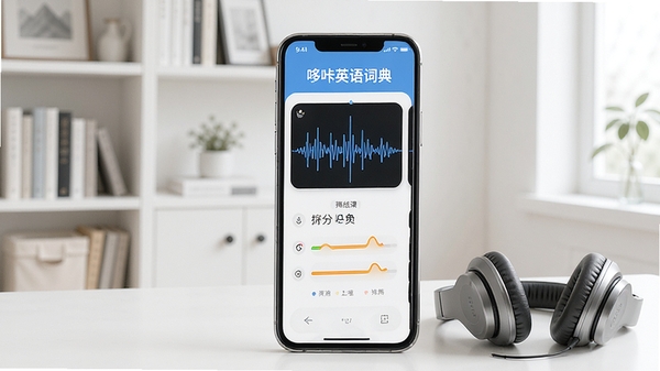 展示哆咔英语词典口语练习界面,界面中有波形图与打分结果,手机旁边放着耳机,背景为简约书房,强调听说功能,风格清爽明亮。