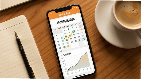 手机屏幕展示哆咔英语词典的单词复习计划页面,有日历打卡标记和记忆曲线图表,周围搭配纸笔和咖啡杯,俯拍视角,色调温暖,体现高效学习氛围。