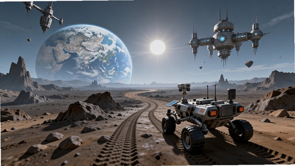 太空旅行游戏预览图,画面展示一个荒凉但壮观的异星地表,远处是淡蓝色的地球与太阳,近处一辆六轮探测车正在岩石间穿行,车辙印清晰可见,天空中悬浮着一座人类前哨站,体现出无缝探索的丰富场景。