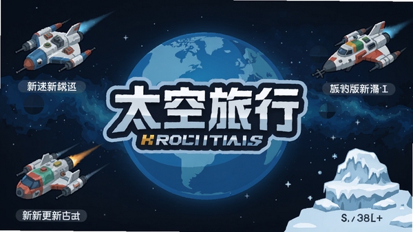 太空旅行更新日志宣传图,画面中央是游戏logo,背景为蓝色星球与星云,四周环绕着新增加的飞船涂装与雪地星球轮廓,整体风格扁平清晰,突出版本更新内容。