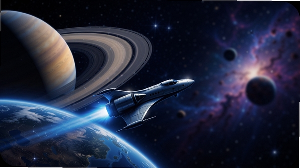 太空旅行应用主视觉图,一艘流线型飞船正从蔚蓝地球驶向深邃星空,画面左侧是巨大的土星环,右侧是模糊的星云背景,整体色调深邃蓝紫,光影细节丰富,展现星际探索的壮丽与神秘,风格写实且具有电影感,适合作为软件宣传封面。