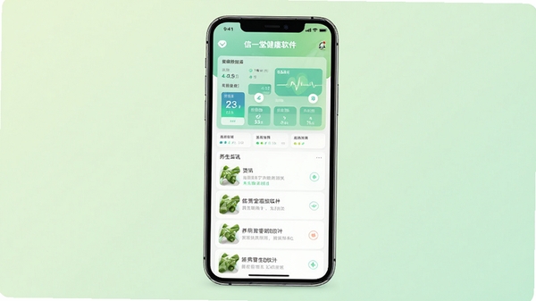 信一堂健康软件主界面预览图,展示健康数据看板与养生资讯列表,背景为淡绿色渐变,手机屏幕居中,界面风格简洁现代