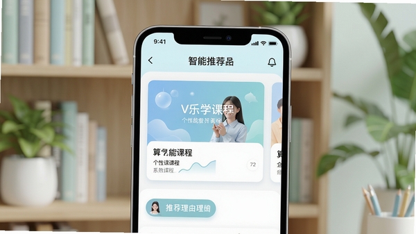 V乐学智能推荐界面,手机屏幕上展示个性化课程卡片与推荐理由标签,背景为书架与绿植,画面柔和,突出算法推荐逻辑,风格清新,浅色调,高清渲染