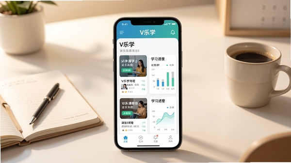V乐学整体界面预览,展示首页课程列表与学习进度图表,背景为现代简约书桌场景,暖色调,画面中心为手机屏幕特写,显示V乐学APP界面,卡片式布局清晰可见,周围有笔记本和咖啡杯,风格明亮写实,4K高清