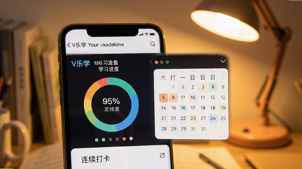 V乐学学习进度页面,展示环形统计图与连续打卡日历,背景为书桌台灯,色调温馨,手机界面占据画面主体,数据可视化清晰,风格细腻,浅景深效果