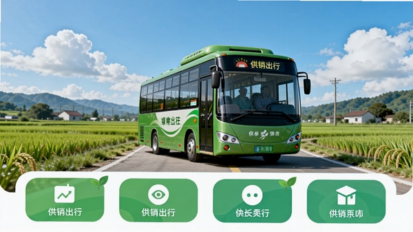 供销出行APP主界面展示,画面中央显示一辆绿色公交车行驶在乡村公路上,背景是蓝天白云和稻田,界面下方有功能按钮,整体风格清新自然,突出城乡出行主题,画面比例16:9,高清渲染