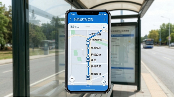 供销出行实时公交功能截图,手机屏幕显示公交线路地图,车辆图标正在移动,站点名称清晰标注,界面简洁,色彩以蓝色和白色为主,演示环境为户外候车亭,画面比例16:9
