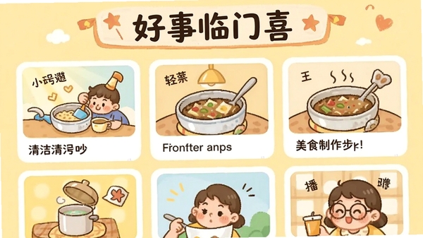 手机应用界面截图风格,顶部横幅写着“好事临门喜”,下方展示数个图文卡片,卡片上有生活小妙招的漫画插图,如清洁小窍门、美食制作步骤图,背景为淡黄色,整体风格温馨可爱,色彩明快,体现内容聚合与分享的乐趣