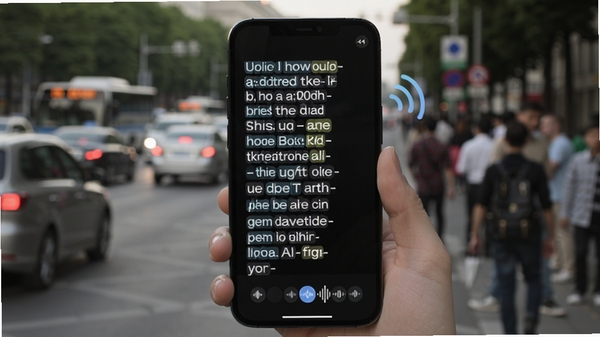 AI智能语音识别功能演示图,画面展示智能手机上AI智能语音正在识别一段长句,文字逐个高亮显示,背景模拟户外嘈杂环境,有模糊的车流与人群,突出其强大的降噪与精准识别能力