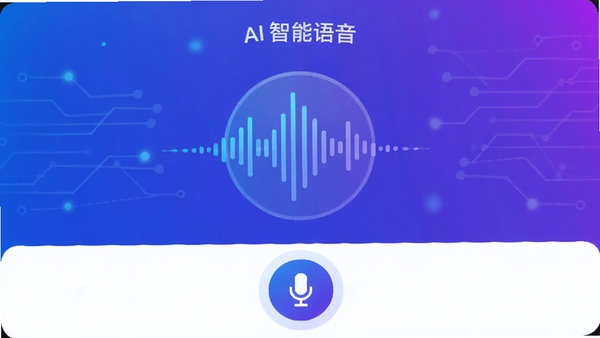 AI智能语音官方主界面预览图,展示对话式交互界面,背景为富有科技感的渐变蓝紫色,前景悬浮着清晰的语音波形动态图标,界面下方有麦克风按钮,整体风格简洁现代,突出AI智能语音的智能与便捷