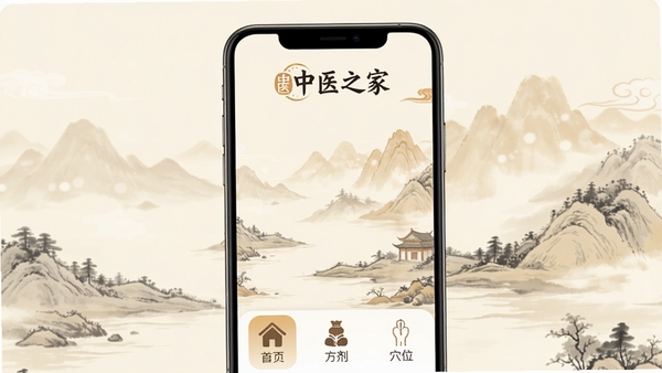 中医之家APP的开屏界面预览图,画面中央是一款融合了古风与现代扁平化设计的手机应用界面,界面顶部有“中医之家”LOGO,背景是淡雅的水墨山水画,色调以米白和淡赭石色为主,界面下方有“首页”、“方剂”、“穴位”等导航图标,整体风格简洁清晰,突出APP的专业与传统文化底蕴,适合作为应用商店的预览图。