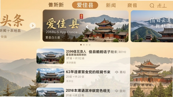 爱佳县App新闻资讯页面,顶部为头条轮播图,下方为列表式新闻条目,配以缩略图,背景融入佳县白云山道观景观元素,画面色调温暖,突出本地新闻的即时性与亲切感