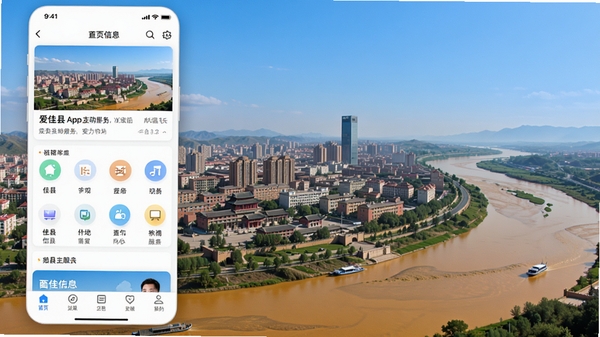 爱佳县App主界面预览图,展示首页信息流、功能图标矩阵、底部导航栏,背景为佳县城区全景与黄河风光,整体风格清爽明亮,UI设计现代简洁,突出本地生活服务核心功能