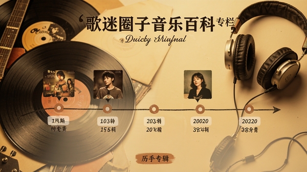 歌迷圈子音乐百科专栏页面,展示歌手历年专辑时间轴,背景为复古黑胶唱片与耳机,界面色调温暖,富有文艺感