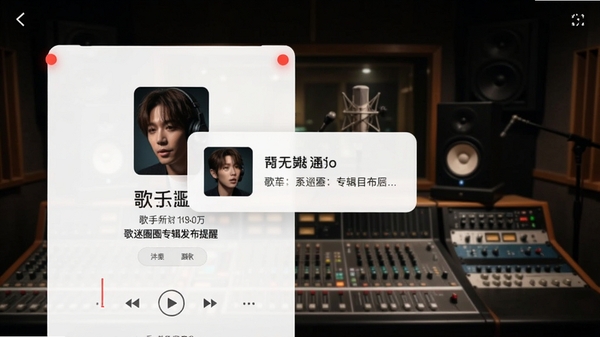 歌迷圈子专辑发布提醒界面截图,显示歌手新歌推送通知,背景为录音棚场景,界面带有红点提示和推送弹窗,风格写实