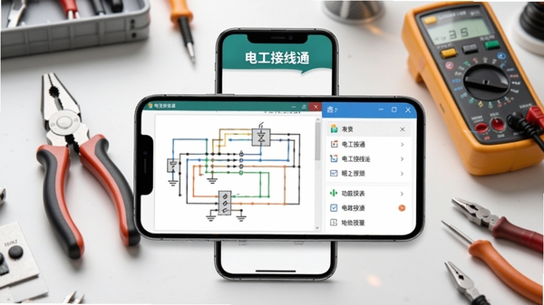 电工接线通软件界面预览图,展示电路接线示意图与功能列表,背景为整洁的工具台,带有电工钳、万用表等工具,整体风格清晰专业,适合软件介绍场景,画面主体为手机屏幕显示软件界面,周围配以柔和光线,文字标识“电工接线通”清晰可见。
