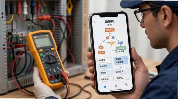 电工接线通故障排查功能演示,手机界面显示“故障树”流程,包含跳闸原因选项与检测步骤,背景为电工正在使用万用表测试电路,画面细节丰富,聚焦故障分析场景。