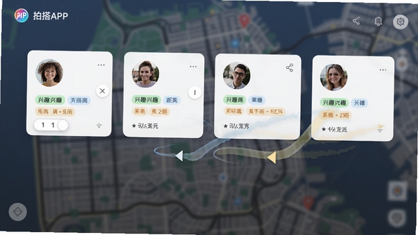 拍搭APP的智能匹配界面功能展示,界面显示多个用户卡片,每张卡片上有头像、兴趣标签和距离信息,背景是模糊的城市地图,界面有滑动与匹配的动画轨迹,风格现代,UI界面截图风格,高清晰度