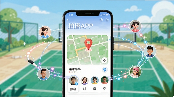 拍搭APP的组局功能使用场景,画面展示手机屏幕中创建了一个羽毛球活动局,有地图定位和报名人头像,周围有动态的粒子效果连接不同用户,背景是简洁的户外球场,插画风格,色彩明快,突出便捷与高效