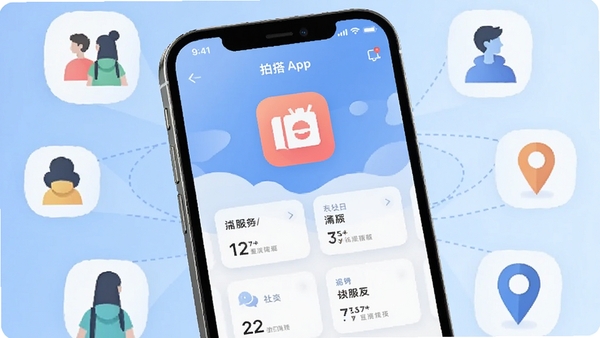 画面主体为一部亮屏的智能手机,屏幕中央清晰显示拍搭APP的主界面,界面采用简洁的卡片式布局,柔和蓝白渐变背景,四周有抽象的人物剪影与地点图标环绕,暗示社交与本地服务连接,整体风格明亮清新,扁平化插画风,高细节,适合应用商店宣传图