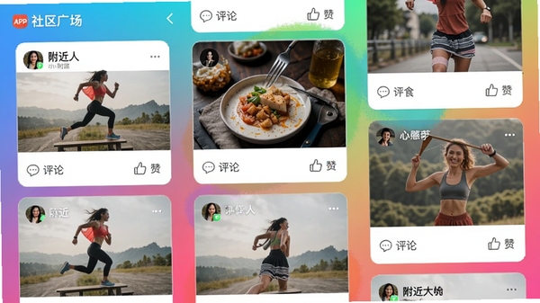 拍搭APP的社区广场页面,界面展示丰富的图文动态,包含附近的人发布的运动、美食、学习等话题卡片,卡片有评论和点赞按钮,背景是多彩渐变色,界面采用瀑布流布局,视觉活泼,适合社交产品展示