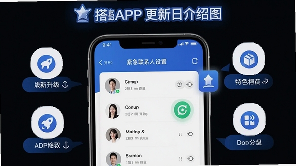 拍搭APP新版更新日志介绍图,画面以手机界面为背景,展示新增的紧急联系人设置页面,有联系人列表和位置共享图标,周围有升级提示和特色功能图标点缀,风格商务简洁,蓝色主题色调,清晰展示软件更新亮点