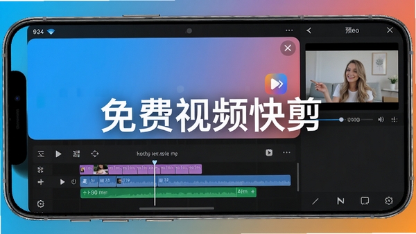 免费视频快剪软件主界面预览图,展示其简洁直观的编辑时间线、丰富的功能按钮和预览窗口,背景采用渐变色,突出手机端剪辑的便捷与高效,整体风格明亮现代,画面中心为软件名称“免费视频快剪”的启动画面。