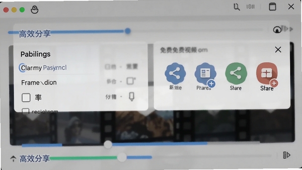 展示免费视频快剪视频导出设置界面,包含清晰度选项、帧率选项和分享平台图标,背景为视频导出进度条,风格简洁清晰,突出高效分享的特点。