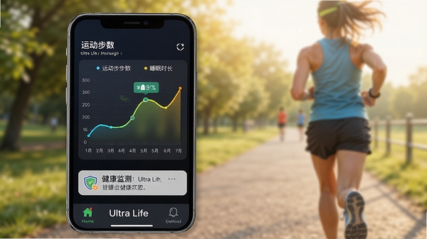 Ultra Life������⹦��ʾ��ͼ���ֻ�����չʾ�˶�����ͳ������ͼ��˯��ʱ������ͼ��ͼ��ɫ�����ޣ����н�������֪ͨ����������Ultra Life��ʾ�ڽ���ײ�������������Ϊ�����ܲ������黯
