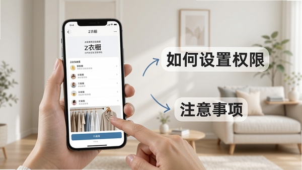 z衣橱移动端使用教程场景,手机屏幕上显示z衣橱的操作界面,旁边有文字标注“如何设置权限”和“注意事项”,背景为简洁的室内环境,画面清晰展示手机与手部动作,突出教程指导性。