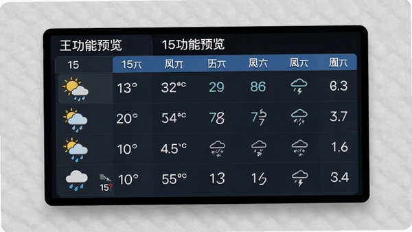 15日天气预报王功能预览图,屏幕上展示15天天气列表,包含温度、风力、降水概率等详细数据,左侧配有晴雨图标,背景为简洁的浅灰色纹理,突出信息清晰易读