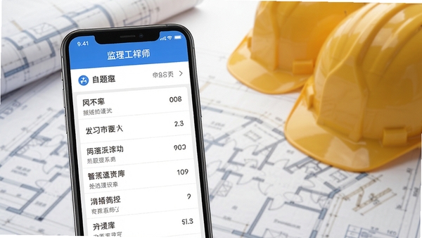 监理工程师APP主界面预览图,画面主体是智能手机展示题库列表,背景为模糊的工程建筑图纸与安全帽,整体风格专业务实,色彩以蓝白为主,突出学习氛围