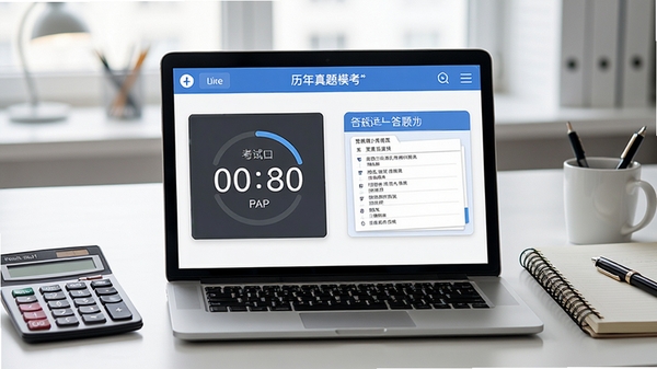 监理工程师APP历年真题模考界面,展示考试计时器与答题卡缩略图,背景是整洁的办公桌面,配有计算器和笔记本,画面强调实战演练氛围