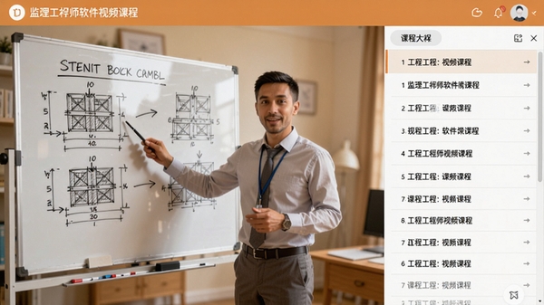 监理工程师软件视频课程播放页面,右侧显示课程大纲列表,讲师正在白板前讲解工程案例,画面清晰,色调温暖,突出在线教育的互动性