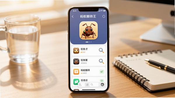蚂蚁搬砖王App主界面预览图,一部智能手机屏幕显示任务大厅列表,背景为暖色调办公桌,包含水杯和笔记本,整体风格明亮清晰,突出软件名称蚂蚁搬砖王,适合应用商店截图风格,画面中心为手机,背景虚化处理,光线柔和,细节丰富,4K画质