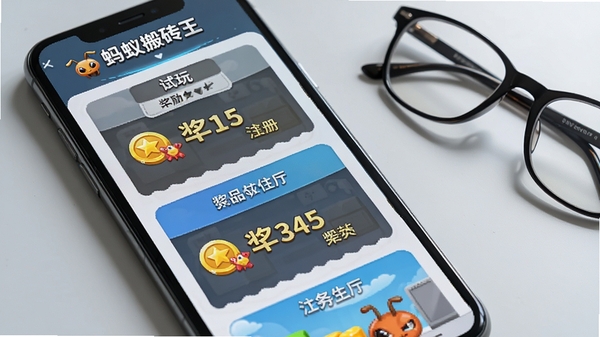 蚂蚁搬砖王任务大厅界面特写,手机屏幕显示多个任务卡片,包含试玩、注册等标签,每个卡片上有金币图标和奖励数字,背景是简约的浅灰色桌面,旁边放着一副眼镜,画面清晰,文字可辨识,突出软件名称蚂蚁搬砖王,适合功能展示图,光线明亮,细节丰富