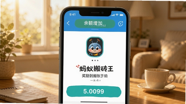 蚂蚁搬砖王奖励到账通知截图,手机状态栏显示余额增加提示,背景为温馨室内环境,阳光透过窗户洒在桌面上,画面色调柔和,突出提现成功字样,包含蚂蚁搬砖王品牌元素,风格写实,细节到位