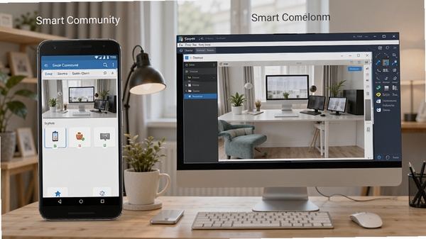 Smart Community�����ڰ�׿�ֻ��͵���ģ������ͬʱ���еĶԱ�ͼ��������ֻ��������棬�Ҳ��ǵ�����ʾ���ϵ�ģ�������ڣ���������չʾ���ߵĲ������棬����Ϊ�ӼҰ칫���������дʵ��ͻ�����豸��������