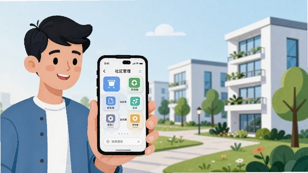 ����һ��չʾSmart Community�������Ĺ��ܵĿ������ֲ廭�����������һλ����ס���ֳ������ֻ�����Ļ����ʾ����������������������Ĺ���ͼ�꣬�Ҳ��Ǽ�Լ�ִ���С��¥�����̻�����������ɫ������������ͻ���ǻ�����������������⣬����ƽ�����ʺ���������ҳͷͼ