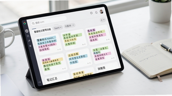 墨册批注管理功能预览,屏幕上展示一个笔记汇总界面,各类颜色高亮片段以卡片形式整齐排列,顶部有搜索栏与标签筛选器,背景为简洁的办公桌面,平板电脑与纸质笔记本并置,体现知识管理场景,现代感产品渲染图风格