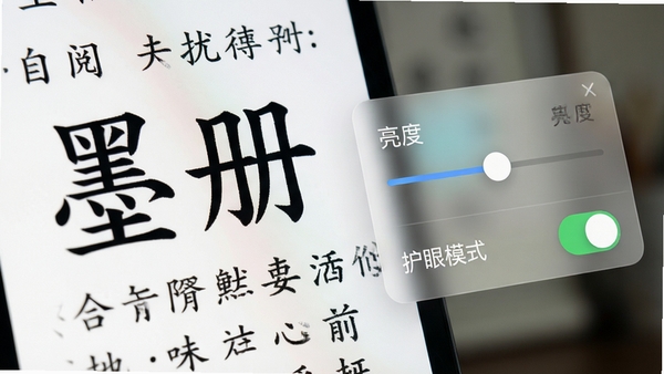 墨册阅读界面细节特写,展示精美的中文字体渲染效果与自定义背景色选项菜单,画面左侧为文字内容,右侧悬浮透明设置面板,包括亮度滑杆与护眼模式开关,背景虚化处理,突出界面质感,明亮清晰的App界面截图风格