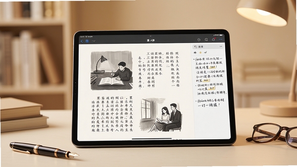 墨册软件主界面预览图,展示电子书阅读界面与侧边批注栏,背景为柔和的米色书房场景,一本打开的平板电脑位于画面中央,屏幕内清晰显示墨册App的图文排版,周围点缀着钢笔与眼镜,采用暖色调摄影风格,高清细节,浅景深效果
