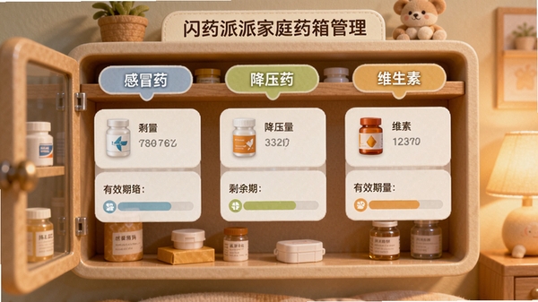 闪药派派家庭药箱管理界面,展示一个虚拟药柜,分类标签为感冒药、降压药、维生素,每个标签下有药品卡片,显示剩余量和有效期进度条,设计有家庭温馨感
