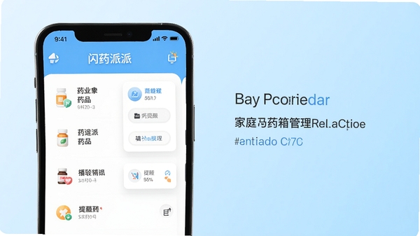 闪药派派软件主界面预览图,展示家庭药箱管理界面,手机屏幕上有清晰的药品列表和提醒卡片,背景为干净的浅蓝色渐变,图标设计现代简约,整体风格明亮温馨