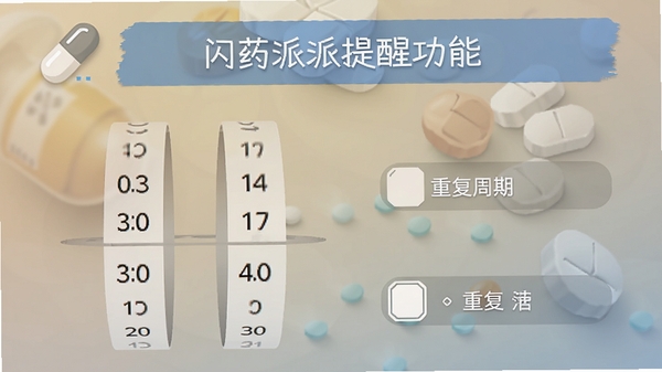 闪药派派提醒功能截图,显示一个药品闹钟设置页面,时间滚轮和重复周期选项,顶部有药丸图标和提醒横幅,背景柔和,突出时间与药片视觉元素